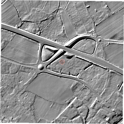 Shaded relief map of the ground around LE128FA, computed from Environment Agency LiDAR. The ground here sits at about 41 m above sea level and falls 9 m across the surrounding 800 m. Surface water reaching this point runs off ground lying to the north, 8.2 m higher.