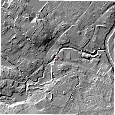 Shaded relief map of the ground around LE128FF, computed from Environment Agency LiDAR. The ground here sits at about 42 m above sea level and falls 8 m across the surrounding 800 m. Surface water reaching this point runs off ground lying to the south-south-west, 7.3 m higher.
