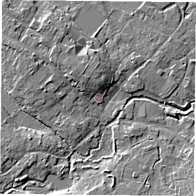 Shaded relief map of the ground around LE128FR, computed from Environment Agency LiDAR. The ground here sits at about 42 m above sea level and falls 8 m across the surrounding 800 m. Surface water reaching this point runs off ground lying to the north-north-west, 4.5 m higher.