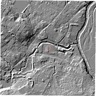 Shaded relief map of the ground around LE128FZ, computed from Environment Agency LiDAR. The ground here sits at about 42 m above sea level and falls 8 m across the surrounding 800 m. Surface water reaching this point runs off ground lying to the south, 0.9 m higher.