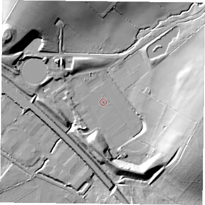 Shaded relief map of the ground around LE128GB, computed from Environment Agency LiDAR. The ground here sits at about 48 m above sea level and falls 28 m across the surrounding 800 m. Surface water reaching this point runs off ground lying to the east-south-east, 24.3 m higher.