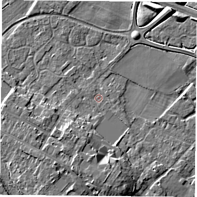 Shaded relief map of the ground around LE128HJ, computed from Environment Agency LiDAR. The ground here sits at about 41 m above sea level and falls 8 m across the surrounding 800 m. Surface water reaching this point runs off ground lying to the south, 6.0 m higher.