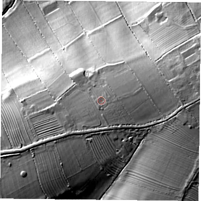 Shaded relief map of the ground around LE128HX, computed from Environment Agency LiDAR. The ground here sits at about 86 m above sea level and falls 34 m across the surrounding 800 m. Surface water reaching this point runs off ground lying to the east-south-east, 1.7 m higher.