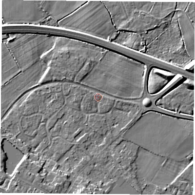 Shaded relief map of the ground around LE128JJ, computed from Environment Agency LiDAR. The ground here sits at about 41 m above sea level and falls 9 m across the surrounding 800 m. Surface water reaching this point runs off ground lying to the west, 0.9 m higher.