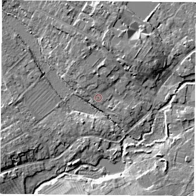 Shaded relief map of the ground around LE128JN, computed from Environment Agency LiDAR. The ground here sits at about 43 m above sea level and falls 10 m across the surrounding 800 m. Surface water reaching this point runs off ground lying to the north, 2.6 m higher.