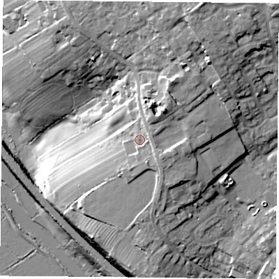 Shaded relief map of the ground around LE128JP, computed from Environment Agency LiDAR. The ground here sits at about 62 m above sea level and falls 31 m across the surrounding 800 m. Surface water reaching this point runs off ground lying to the north-north-east, 5.8 m higher.