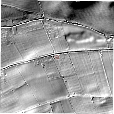 Shaded relief map of the ground around LE128JX, computed from Environment Agency LiDAR. The ground here sits at about 50 m above sea level and falls 23 m across the surrounding 800 m. Surface water reaching this point runs off ground lying to the south-east, 13.2 m higher.