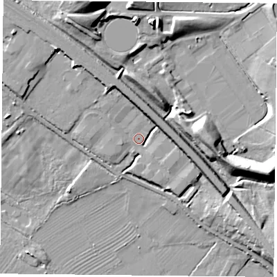 Shaded relief map of the ground around LE128LD, computed from Environment Agency LiDAR. The ground here sits at about 47 m above sea level and falls 23 m across the surrounding 800 m. Surface water reaching this point runs off ground lying to the east, 6.4 m higher.