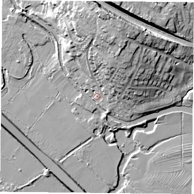 Shaded relief map of the ground around LE128LH, computed from Environment Agency LiDAR. The ground here sits at about 43 m above sea level and falls 21 m across the surrounding 800 m. Surface water reaching this point runs off ground lying to the north-north-east, 15.7 m higher.