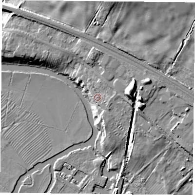 Shaded relief map of the ground around LE128LL, computed from Environment Agency LiDAR. The ground here sits at about 49 m above sea level and falls 15 m across the surrounding 800 m. Surface water reaching this point runs off ground lying to the south-east, 1.5 m higher.
