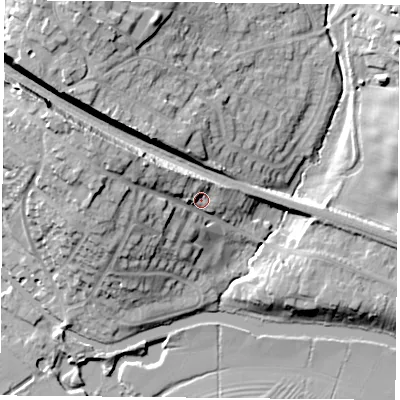 Shaded relief map of the ground around LE128LN, computed from Environment Agency LiDAR. The ground here sits at about 49 m above sea level and falls 22 m across the surrounding 800 m. Surface water reaching this point runs off ground lying to the west-north-west, 11.1 m higher.