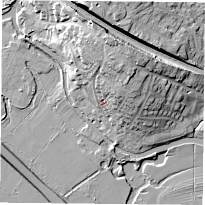 Shaded relief map of the ground around LE128LQ, computed from Environment Agency LiDAR. The ground here sits at about 47 m above sea level and falls 21 m across the surrounding 800 m. Surface water reaching this point runs off ground lying to the east-north-east, 8.8 m higher.