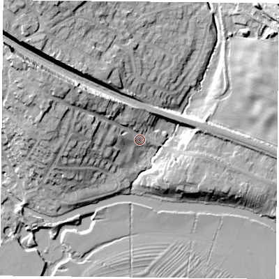 Shaded relief map of the ground around LE128LR, computed from Environment Agency LiDAR. The ground here sits at about 45 m above sea level and falls 21 m across the surrounding 800 m. Surface water reaching this point runs off ground lying to the north-west, 15.5 m higher.