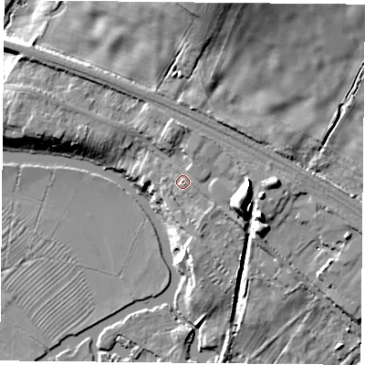 Shaded relief map of the ground around LE128LT, computed from Environment Agency LiDAR. The ground here sits at about 48 m above sea level and falls 19 m across the surrounding 800 m. Surface water reaching this point runs off ground lying to the east, 8.2 m higher.