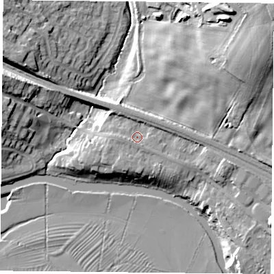 Shaded relief map of the ground around LE128LW, computed from Environment Agency LiDAR. The ground here sits at about 48 m above sea level and falls 28 m across the surrounding 800 m. Surface water reaching this point runs off ground lying to the east-north-east, 15.8 m higher.