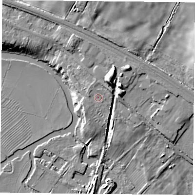 Shaded relief map of the ground around LE128NB, computed from Environment Agency LiDAR. The ground here sits at about 49 m above sea level and falls 15 m across the surrounding 800 m. Surface water reaching this point runs off ground lying to the south-west, 1.8 m higher.