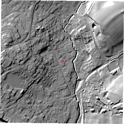 Shaded relief map of the ground around LE128NJ, computed from Environment Agency LiDAR. The ground here sits at about 50 m above sea level and falls 24 m across the surrounding 800 m. Surface water reaching this point runs off ground lying to the west, 14.1 m higher.