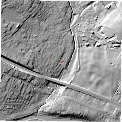 Shaded relief map of the ground around LE128NN, computed from Environment Agency LiDAR. The ground here sits at about 46 m above sea level and falls 24 m across the surrounding 800 m. Surface water reaching this point runs off ground lying to the east-north-east, 23.3 m higher.