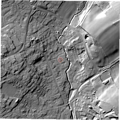 Shaded relief map of the ground around LE128PD, computed from Environment Agency LiDAR. The ground here sits at about 50 m above sea level and falls 24 m across the surrounding 800 m. Surface water reaching this point runs off ground lying to the west-south-west, 1.8 m higher.