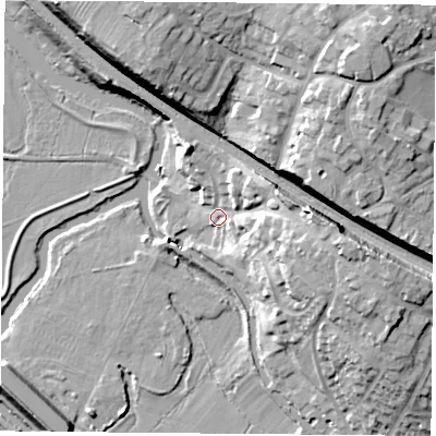 Shaded relief map of the ground around LE128PN, computed from Environment Agency LiDAR. The ground here sits at about 44 m above sea level and falls 24 m across the surrounding 800 m. Surface water reaching this point runs off ground lying to the east-south-east, 16.8 m higher.