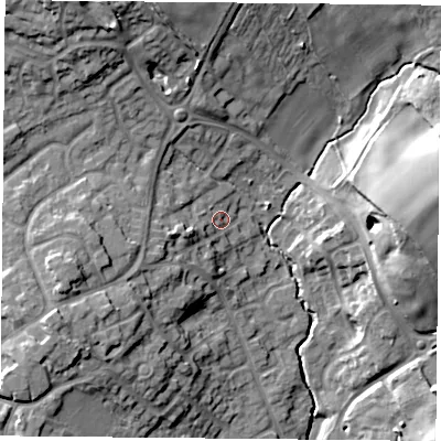 Shaded relief map of the ground around LE128PW, computed from Environment Agency LiDAR. The ground here sits at about 53 m above sea level and falls 23 m across the surrounding 800 m. Surface water reaching this point runs off ground lying to the west-south-west, 11.0 m higher.