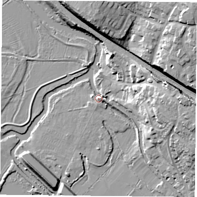 Shaded relief map of the ground around LE128QF, computed from Environment Agency LiDAR. The ground here sits at about 43 m above sea level and falls 24 m across the surrounding 800 m. Surface water reaching this point runs off ground lying to the east-north-east, 3.9 m higher.