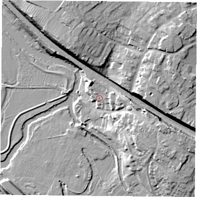 Shaded relief map of the ground around LE128QL, computed from Environment Agency LiDAR. The ground here sits at about 46 m above sea level and falls 24 m across the surrounding 800 m. Surface water reaching this point runs off ground lying to the east, 6.5 m higher.