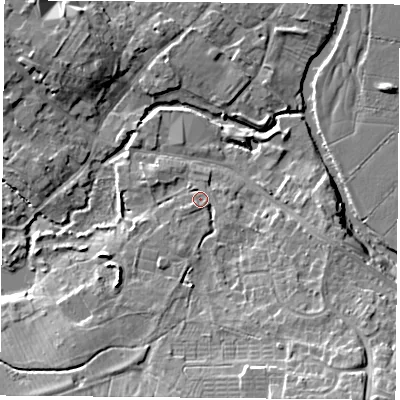 Shaded relief map of the ground around LE128QP, computed from Environment Agency LiDAR. The ground here sits at about 43 m above sea level and falls 12 m across the surrounding 800 m. Surface water reaching this point runs off ground lying to the south-east, 9.6 m higher.