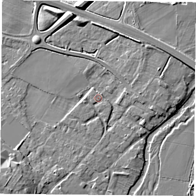 Shaded relief map of the ground around LE128RH, computed from Environment Agency LiDAR. The ground here sits at about 42 m above sea level and falls 9 m across the surrounding 800 m. Surface water reaching this point runs off ground lying to the east-south-east, 3.6 m higher.