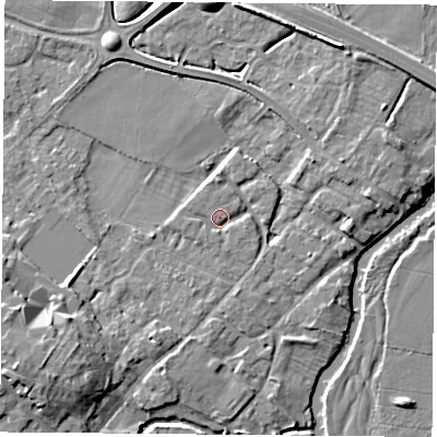 Shaded relief map of the ground around LE128RJ, computed from Environment Agency LiDAR. The ground here sits at about 42 m above sea level and falls 8 m across the surrounding 800 m. Surface water reaching this point runs off ground lying to the south-south-west, 2.2 m higher.