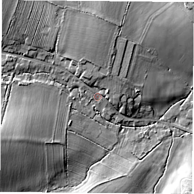 Shaded relief map of the ground around LE128TJ, computed from Environment Agency LiDAR. The ground here sits at about 65 m above sea level and falls 18 m across the surrounding 800 m. Surface water reaching this point runs off ground lying to the north-north-west, 6.9 m higher.