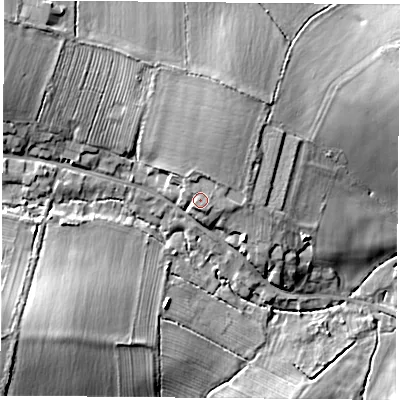 Shaded relief map of the ground around LE128TQ, computed from Environment Agency LiDAR. The ground here sits at about 70 m above sea level and falls 19 m across the surrounding 800 m. Surface water reaching this point runs off ground lying to the north, 1.1 m higher.