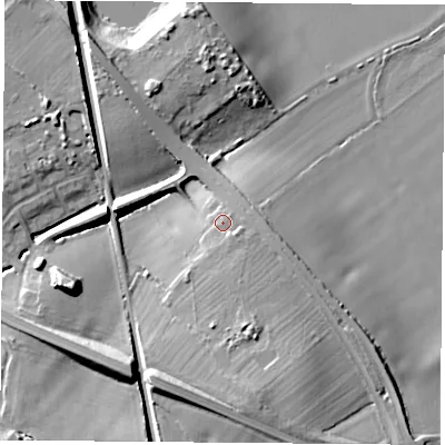 Shaded relief map of the ground around LE128UE, computed from Environment Agency LiDAR. The ground here sits at about 47 m above sea level and falls 17 m across the surrounding 800 m. Surface water reaching this point runs off ground lying to the south-south-east, 3.1 m higher.