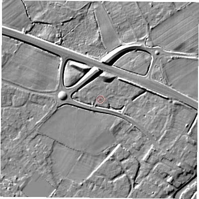 Shaded relief map of the ground around LE128WB, computed from Environment Agency LiDAR. The ground here sits at about 41 m above sea level and falls 9 m across the surrounding 800 m. Surface water reaching this point runs off ground lying to the east, 4.6 m higher.