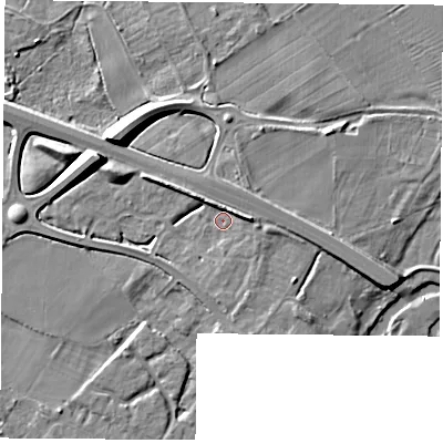 Shaded relief map of the ground around LE128WJ, computed from Environment Agency LiDAR. The ground here sits at about 42 m above sea level and falls 9 m across the surrounding 800 m. Surface water reaching this point runs off ground lying to the east, 2.9 m higher.