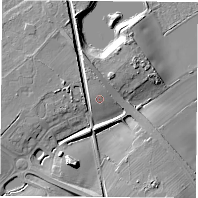 Shaded relief map of the ground around LE128WQ, computed from Environment Agency LiDAR. The ground here sits at about 47 m above sea level and falls 17 m across the surrounding 800 m. Surface water reaching this point runs off ground lying to the north-west, 1.4 m higher.