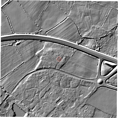 Shaded relief map of the ground around LE128WT, computed from Environment Agency LiDAR. The ground here sits at about 42 m above sea level and falls 7 m across the surrounding 800 m. Surface water reaching this point runs off ground lying to the south-south-west, 0.8 m higher.