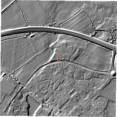 Shaded relief map of the ground around LE128WZ, computed from Environment Agency LiDAR. The ground here sits at about 42 m above sea level and falls 7 m across the surrounding 800 m. Surface water reaching this point runs off ground lying to the east, 1.6 m higher.