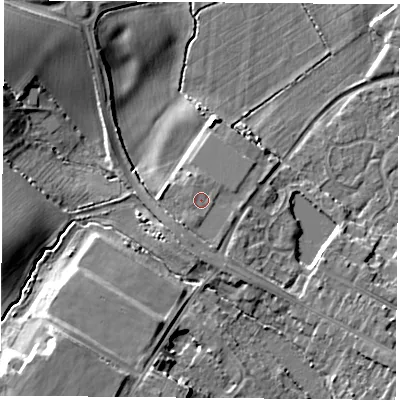 Shaded relief map of the ground around LE128XH, computed from Environment Agency LiDAR. The ground here sits at about 44 m above sea level and falls 12 m across the surrounding 800 m. Surface water reaching this point runs off ground lying to the south-south-west, 0.8 m higher.