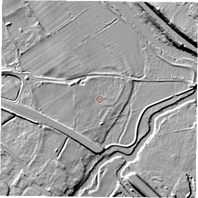 Shaded relief map of the ground around LE128XJ, computed from Environment Agency LiDAR. The ground here sits at about 41 m above sea level and falls 22 m across the surrounding 800 m. Surface water reaching this point runs off ground lying to the south-west, 3.6 m higher.