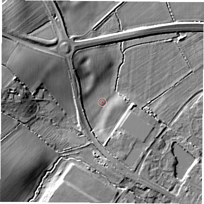 Shaded relief map of the ground around LE128XX, computed from Environment Agency LiDAR. The ground here sits at about 41 m above sea level and falls 12 m across the surrounding 800 m. Surface water reaching this point runs off ground lying to the west-south-west, 10.7 m higher.