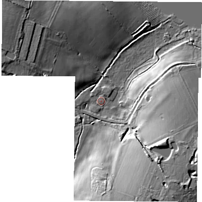 Shaded relief map of the ground around LE128XZ, computed from Environment Agency LiDAR. The ground here sits at about 60 m above sea level and falls 17 m across the surrounding 800 m. Surface water reaching this point runs off ground lying to the south-east, 15.0 m higher.