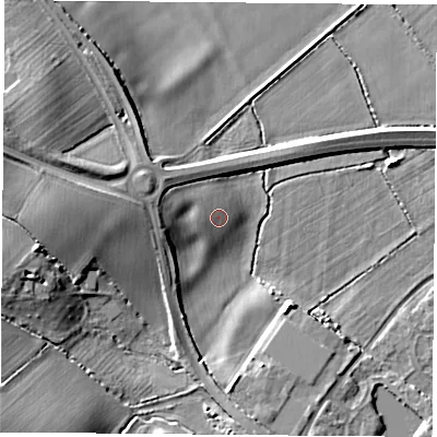 Shaded relief map of the ground around LE128ZH, computed from Environment Agency LiDAR. The ground here sits at about 43 m above sea level and falls 13 m across the surrounding 800 m. Surface water reaching this point runs off ground lying to the west, 1.8 m higher.