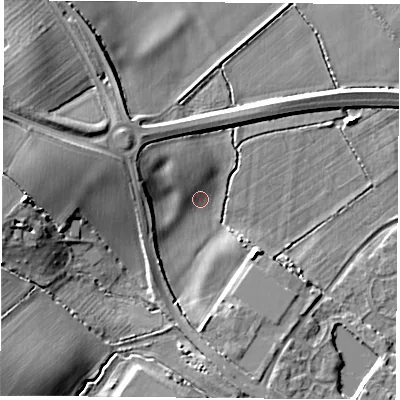 Shaded relief map of the ground around LE128ZJ, computed from Environment Agency LiDAR. The ground here sits at about 42 m above sea level and falls 12 m across the surrounding 800 m. Surface water reaching this point runs off ground lying to the north-west, 3.3 m higher.
