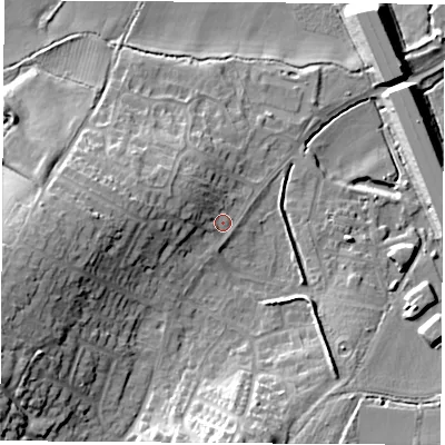 Shaded relief map of the ground around LE129RP, computed from Environment Agency LiDAR. The ground here sits at about 59 m above sea level and falls 22 m across the surrounding 800 m. Surface water reaching this point runs off ground lying to the west, 7.6 m higher.