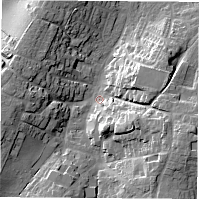 Shaded relief map of the ground around LE129RT, computed from Environment Agency LiDAR. The ground here sits at about 63 m above sea level and falls 25 m across the surrounding 800 m. Surface water reaching this point runs off ground lying to the south-east, 17.3 m higher.