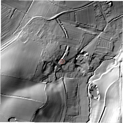 Shaded relief map of the ground around LE129TA, computed from Environment Agency LiDAR. The ground here sits at about 89 m above sea level and falls 33 m across the surrounding 800 m. Surface water reaching this point runs off ground lying to the west-north-west, 7.6 m higher.