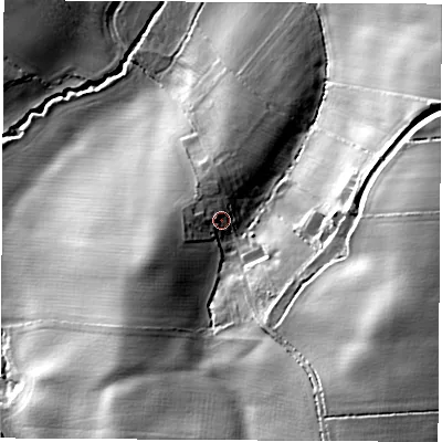 Shaded relief map of the ground around LE129TR, computed from Environment Agency LiDAR. The ground here sits at about 84 m above sea level and falls 31 m across the surrounding 800 m. Surface water reaching this point runs off ground lying to the west-north-west, 3.2 m higher.