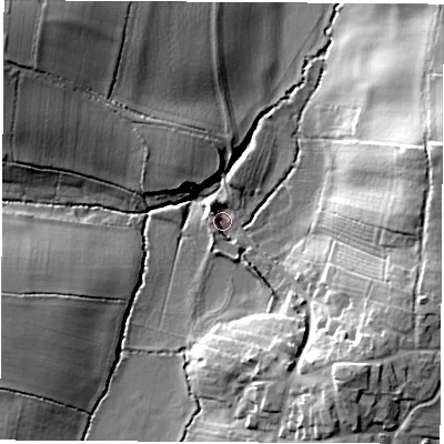 Shaded relief map of the ground around LE129UJ, computed from Environment Agency LiDAR. The ground here sits at about 64 m above sea level and falls 21 m across the surrounding 800 m. Surface water reaching this point runs off ground lying to the north-west, 17.3 m higher.