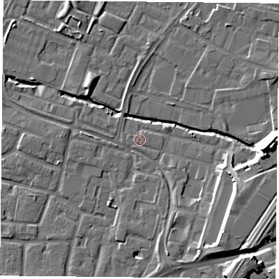 Shaded relief map of the ground around LE12HJ, computed from Environment Agency LiDAR. The ground here sits at about 55 m above sea level and falls 19 m across the surrounding 800 m. Surface water reaching this point runs off ground lying to the east, 11.5 m higher.